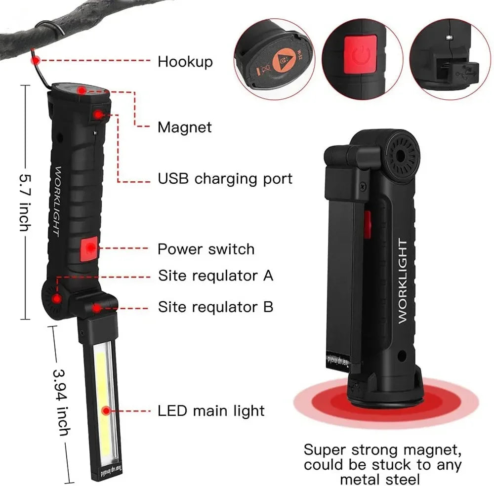 Portable COB LED Flashlight – USB Rechargeable Magnetic Work & Camping Lantern